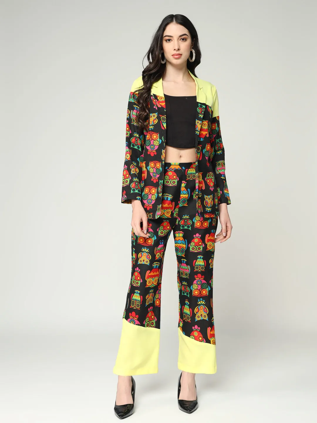 Women's Quirky Owl Printed Blazer With Solid Colorblocking And Matching Pants
