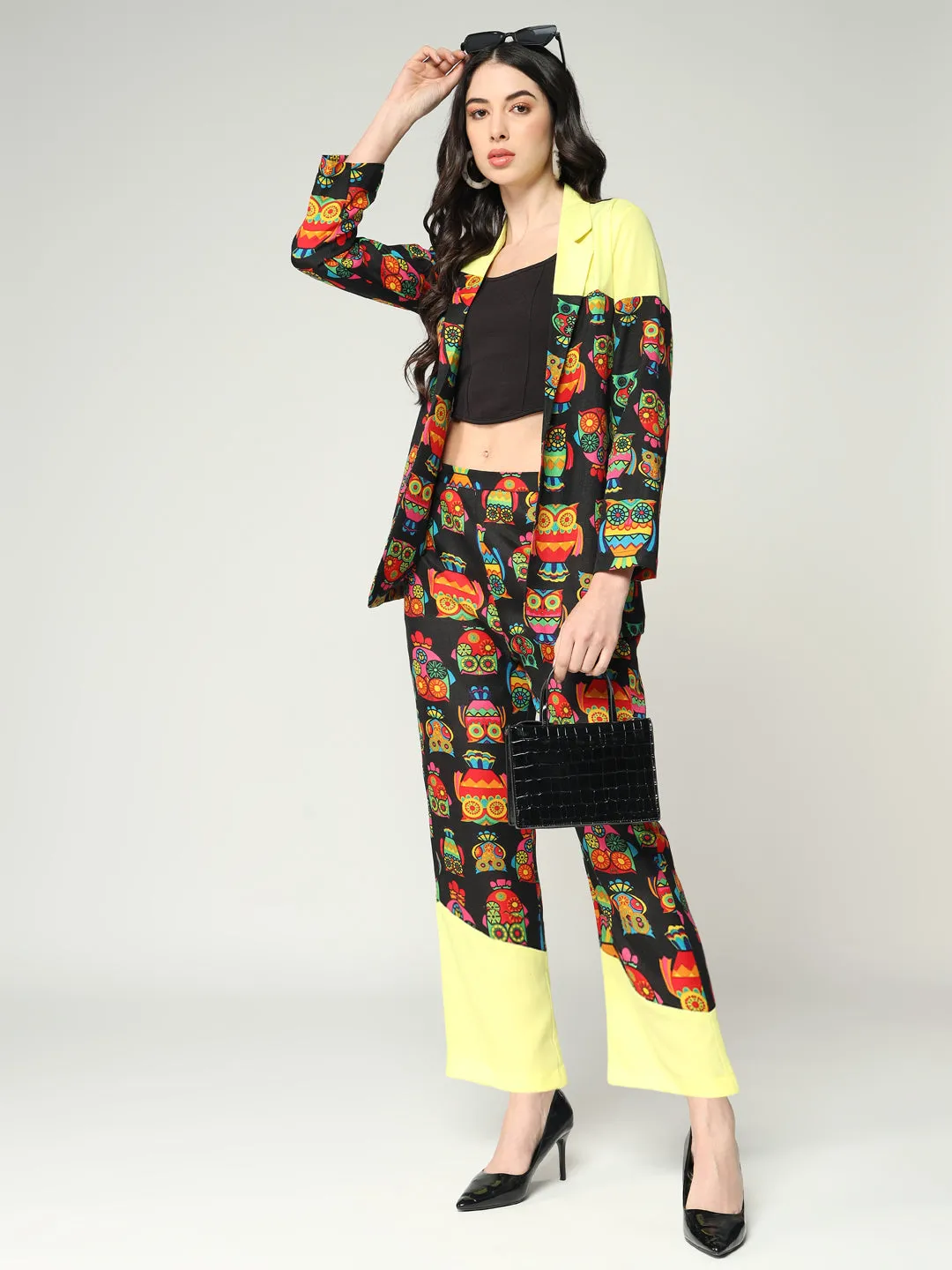 Women's Quirky Owl Printed Blazer With Solid Colorblocking And Matching Pants