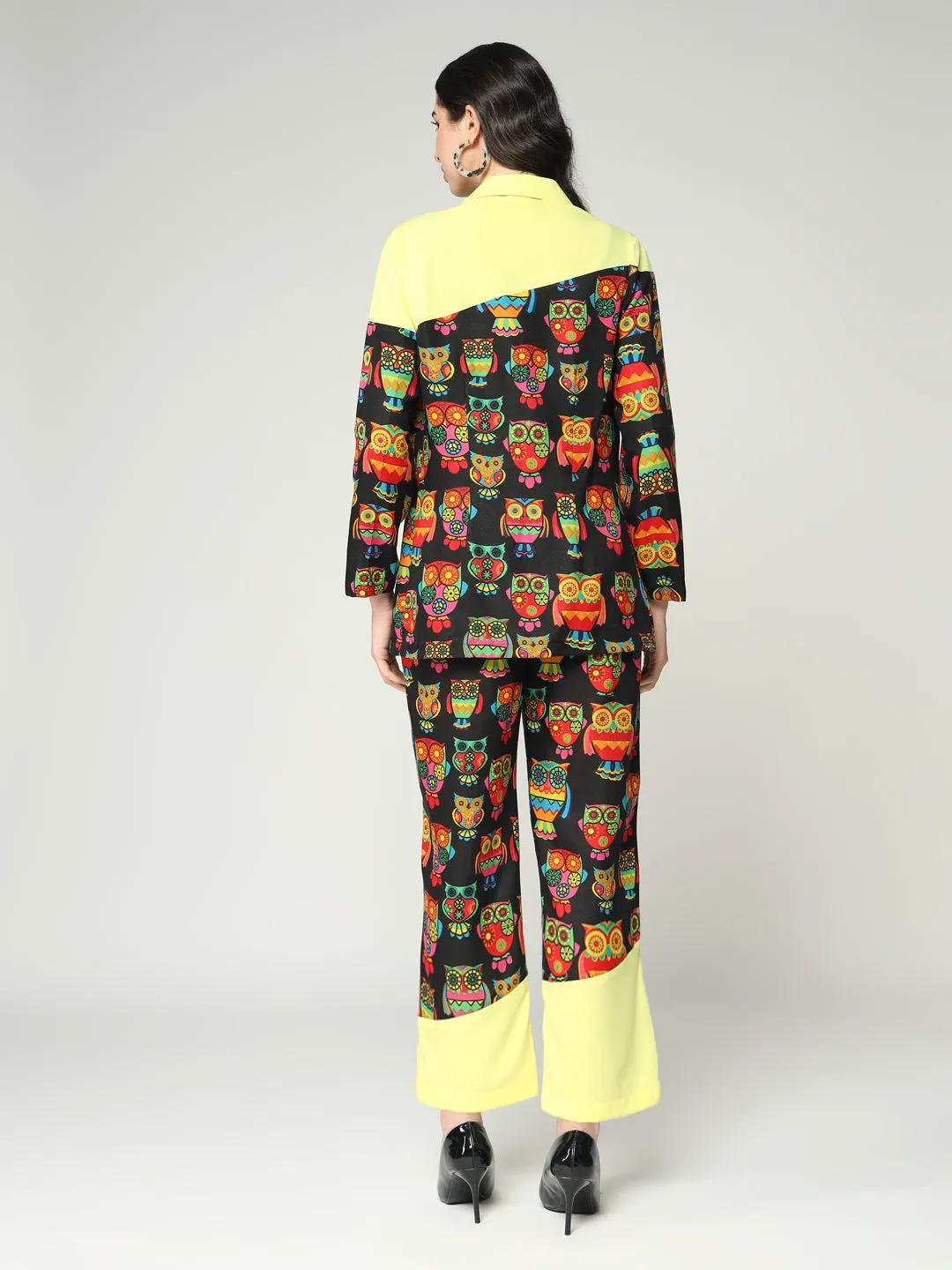 Women's Quirky Owl Printed Blazer With Solid Colorblocking And Matching Pants