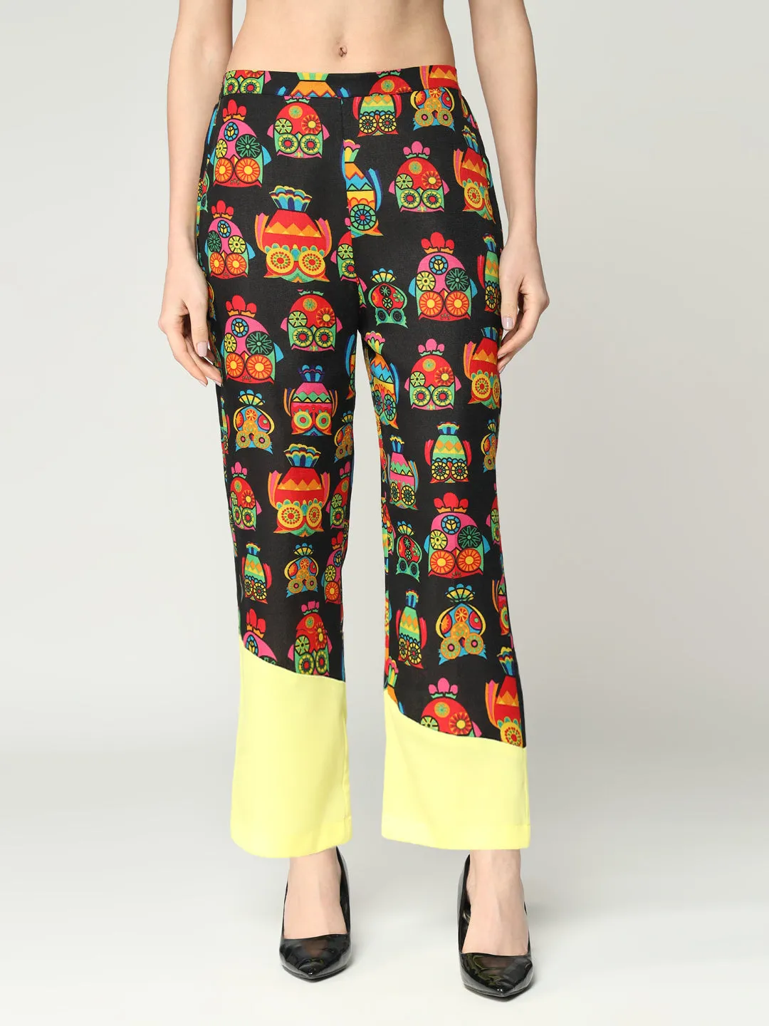 Women's Quirky Owl Printed Blazer With Solid Colorblocking And Matching Pants