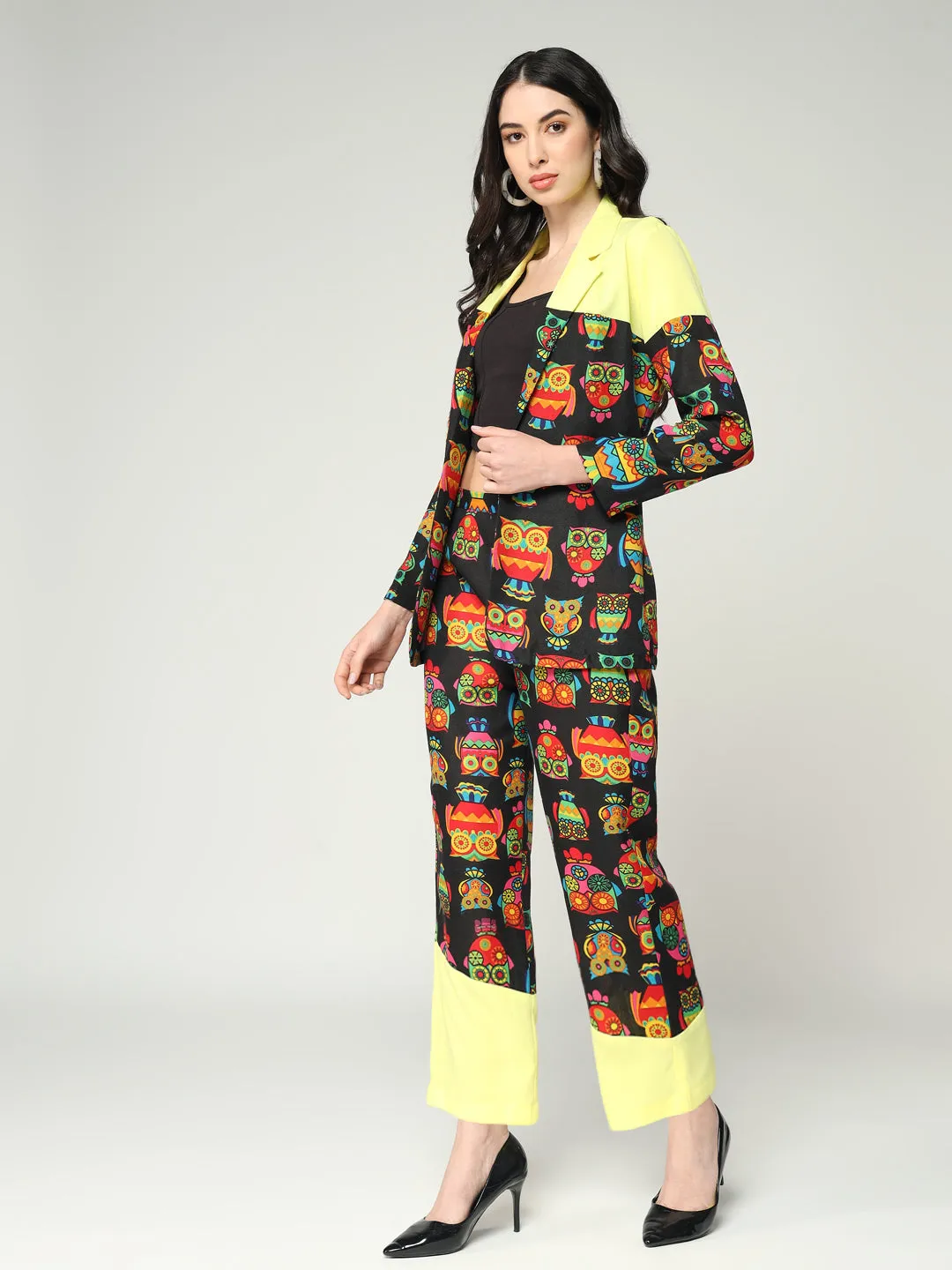Women's Quirky Owl Printed Blazer With Solid Colorblocking And Matching Pants