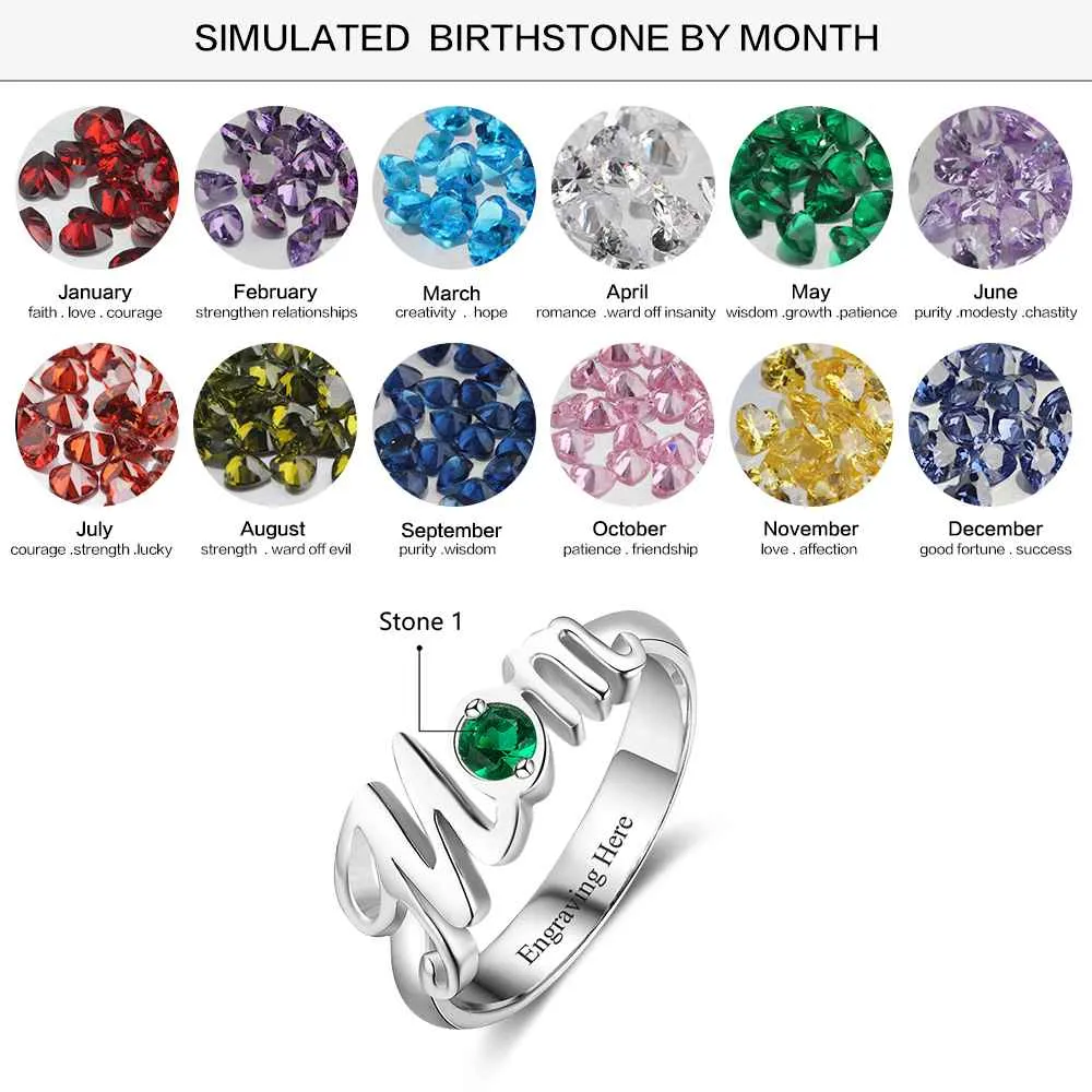 Word "Mom" Shape Personalized Gift For Mother Birthstone Rings For Women 925 Sterling Silver Jewelry