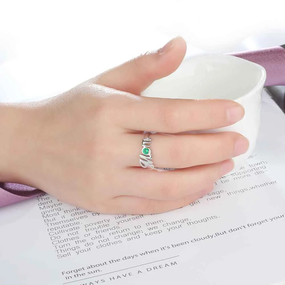 Word "Mom" Shape Personalized Gift For Mother Birthstone Rings For Women 925 Sterling Silver Jewelry