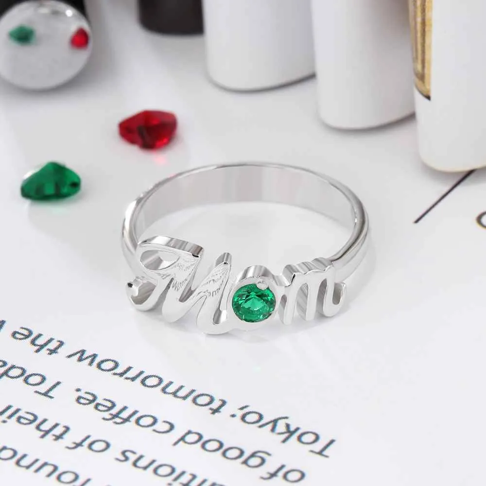 Word "Mom" Shape Personalized Gift For Mother Birthstone Rings For Women 925 Sterling Silver Jewelry