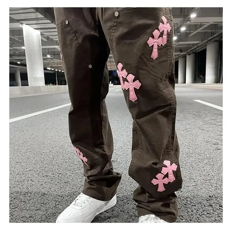 Y2K pants with embroidered crosses for a unique style