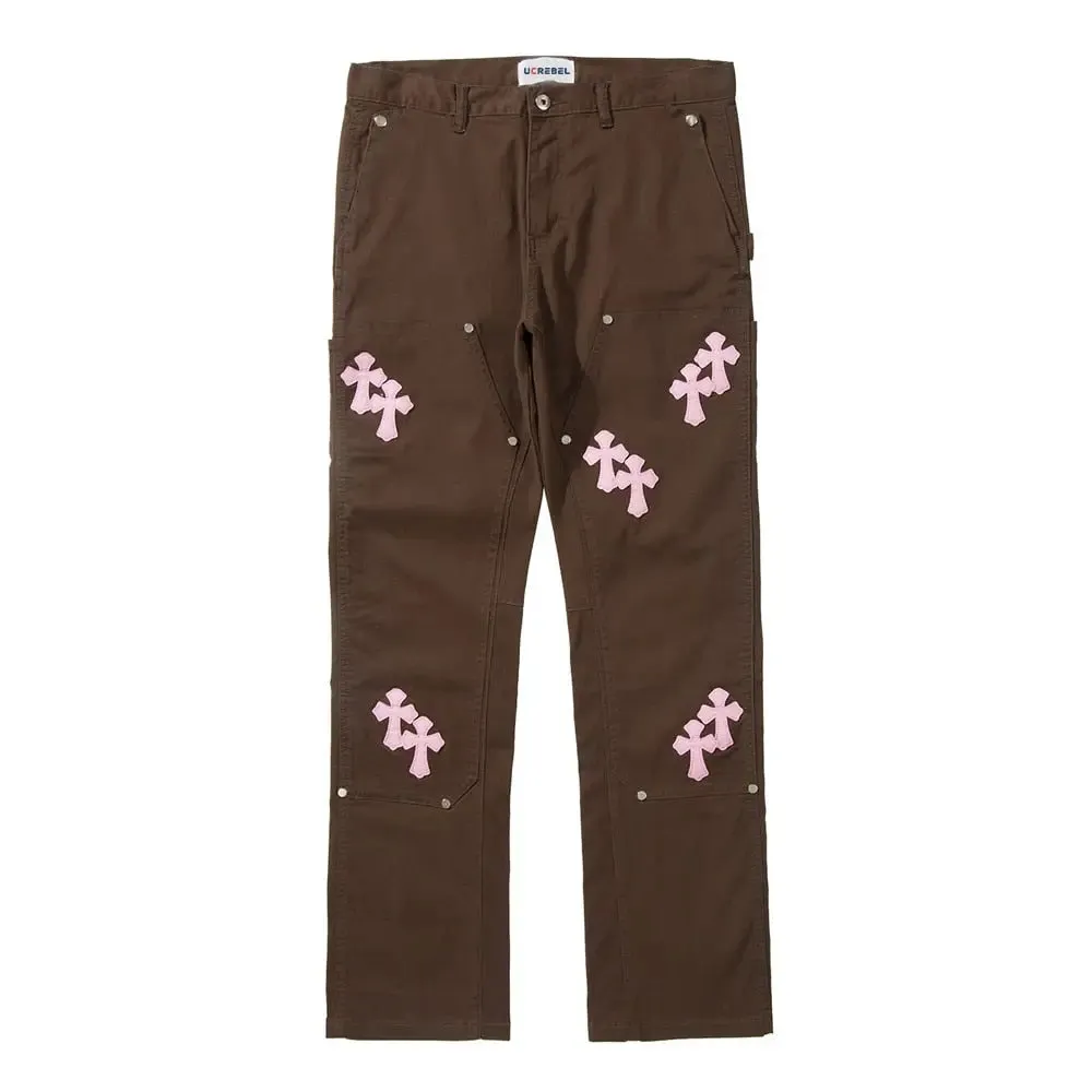 Y2K pants with embroidered crosses for a unique style