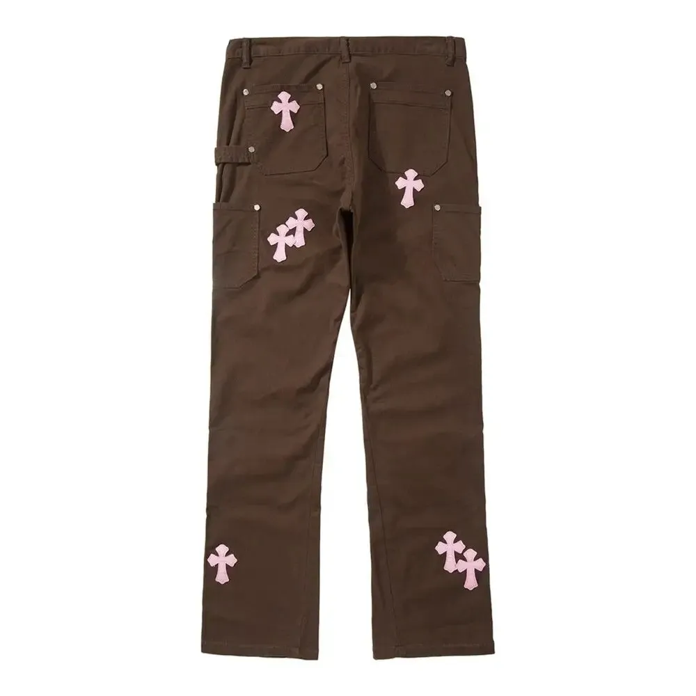 Y2K pants with embroidered crosses for a unique style