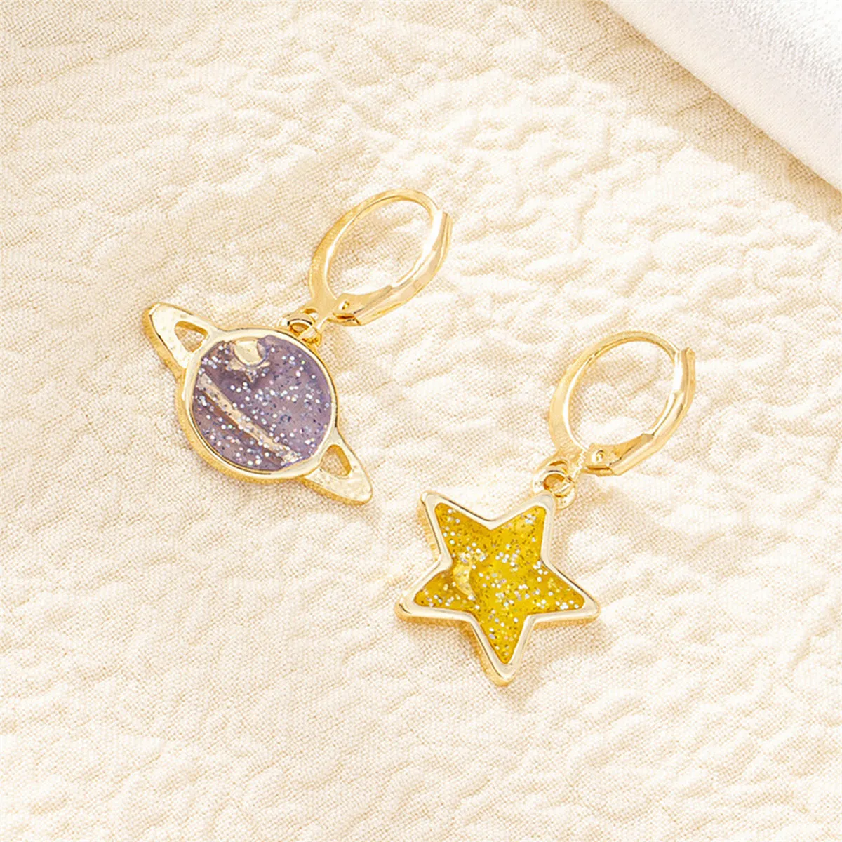 Yellow & 18K Gold-Plated Star & Planet Asymmetric Huggie Earrings