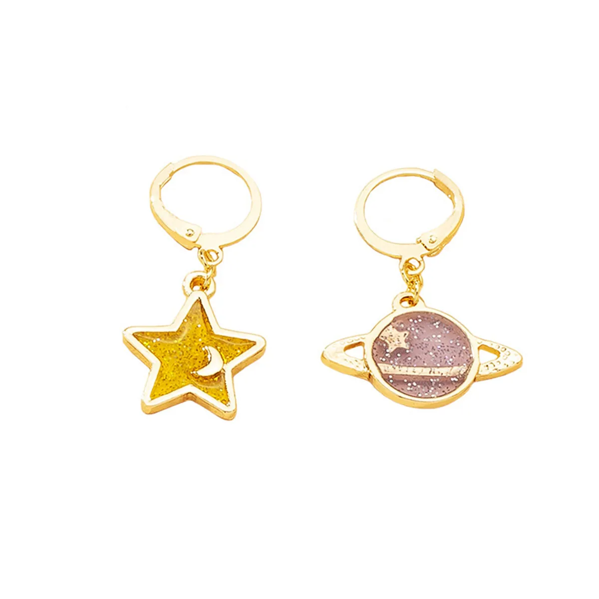 Yellow & 18K Gold-Plated Star & Planet Asymmetric Huggie Earrings
