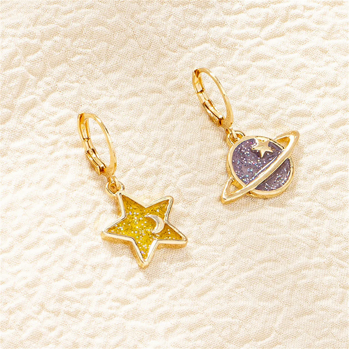 Yellow & 18K Gold-Plated Star & Planet Asymmetric Huggie Earrings