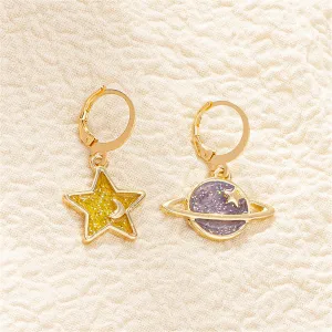 Yellow & 18K Gold-Plated Star & Planet Asymmetric Huggie Earrings