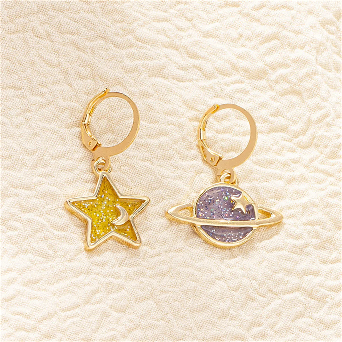 Yellow & 18K Gold-Plated Star & Planet Asymmetric Huggie Earrings