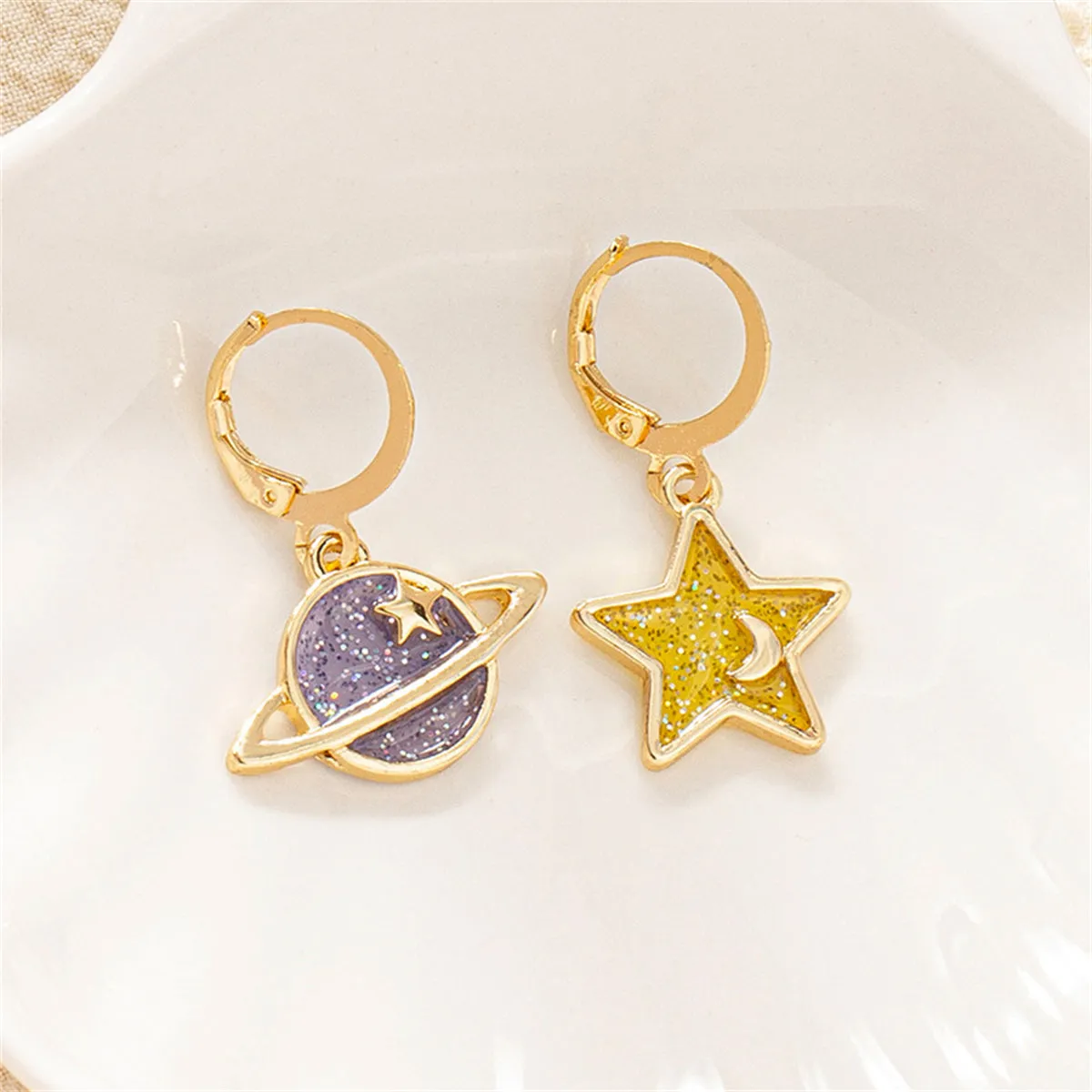 Yellow & 18K Gold-Plated Star & Planet Asymmetric Huggie Earrings
