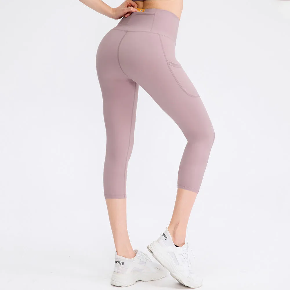 ZS-Nude Cropped Pocket Elastic Tight-fitting Hip Lift Fitness Running Sports Capri Pants