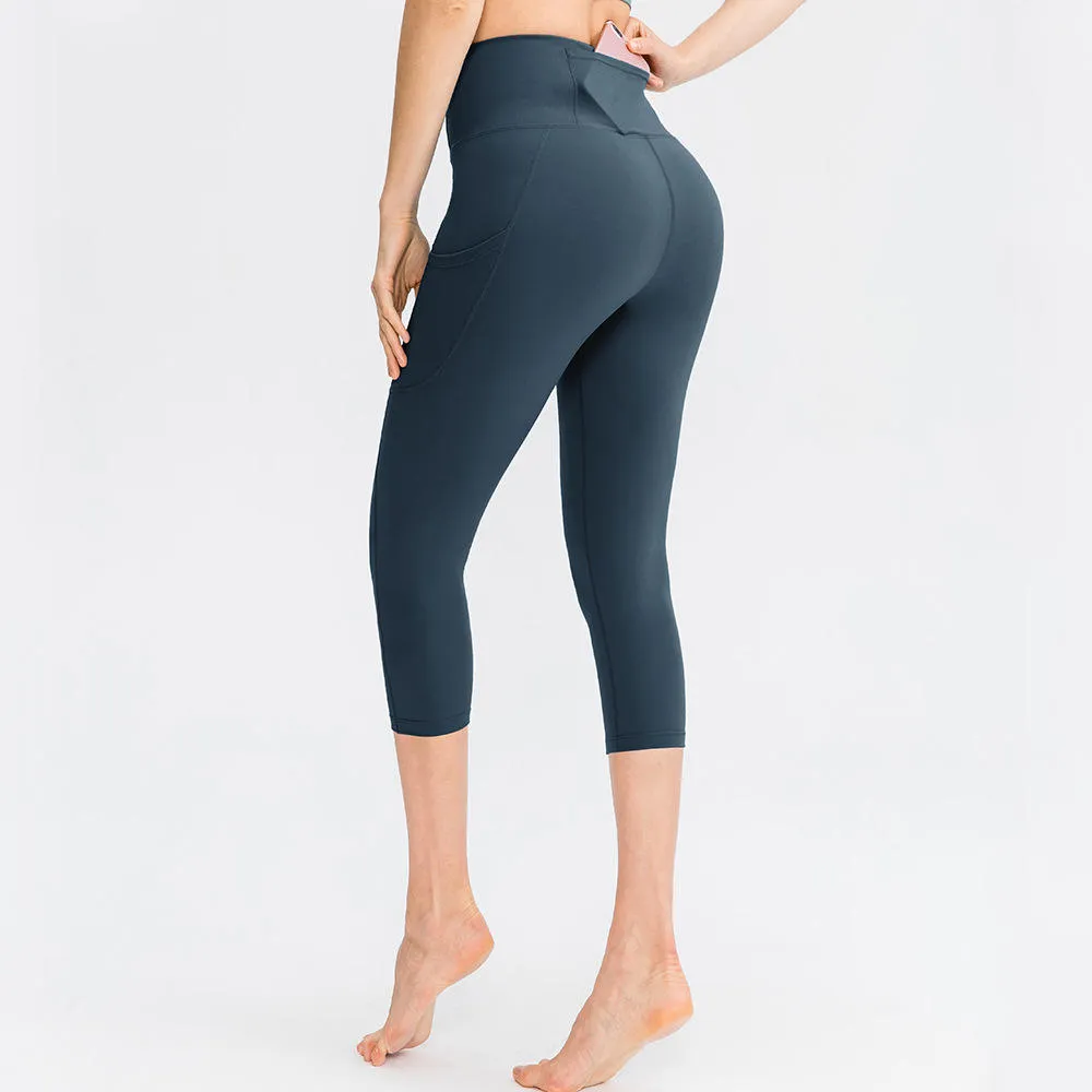 ZS-Nude Cropped Pocket Elastic Tight-fitting Hip Lift Fitness Running Sports Capri Pants