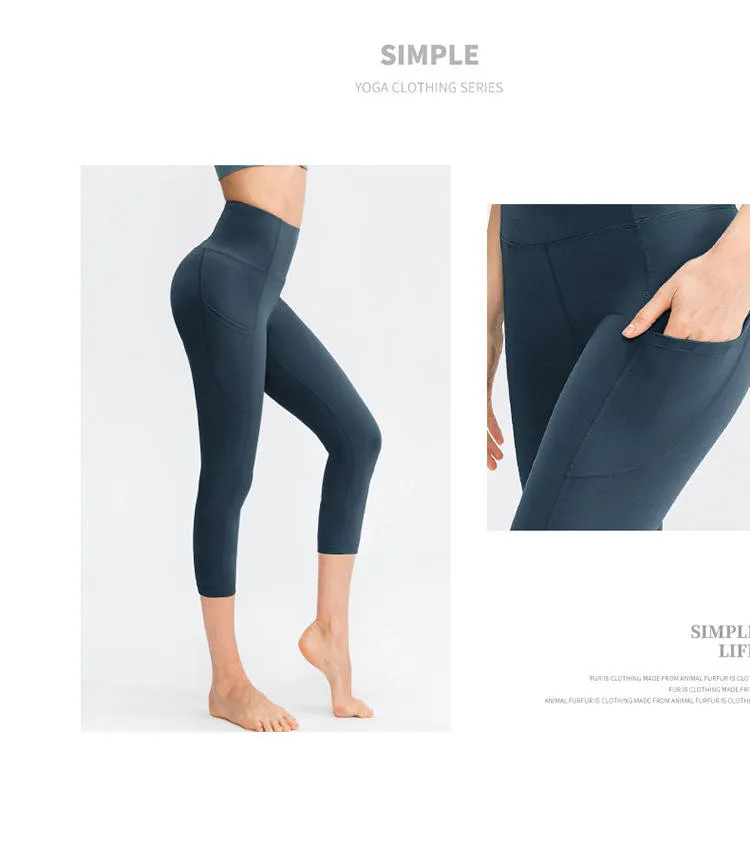 ZS-Nude Cropped Pocket Elastic Tight-fitting Hip Lift Fitness Running Sports Capri Pants