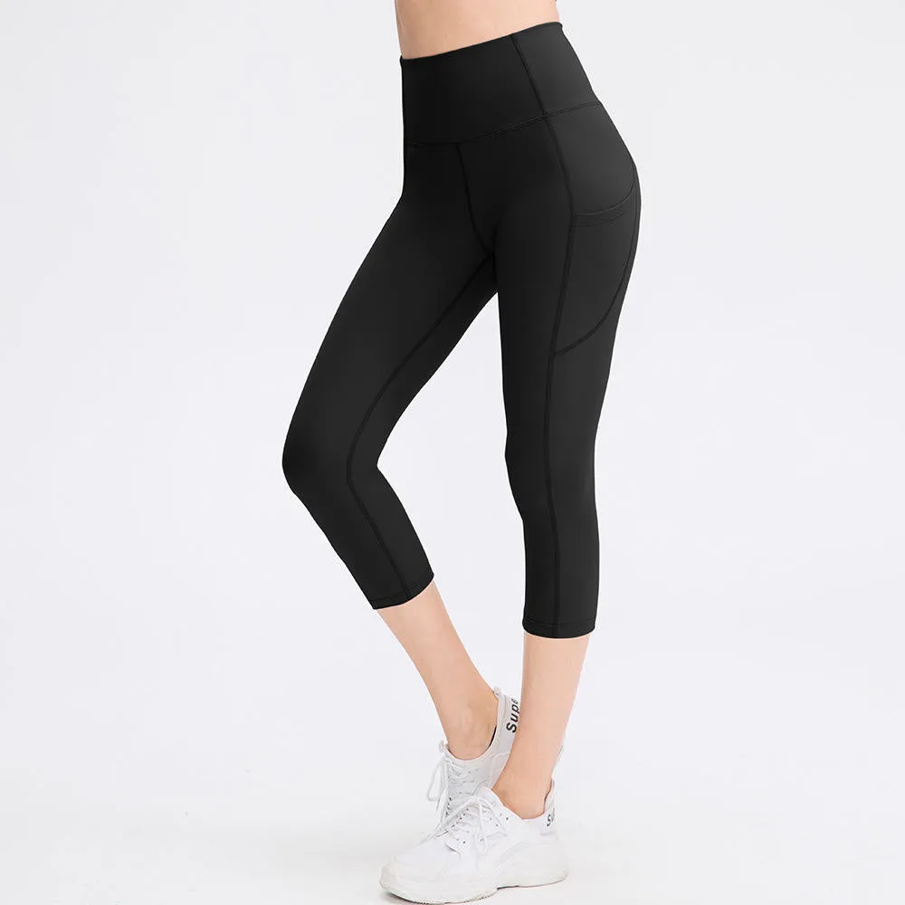 ZS-Nude Cropped Pocket Elastic Tight-fitting Hip Lift Fitness Running Sports Capri Pants