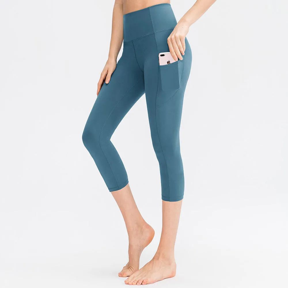 ZS-Nude Cropped Pocket Elastic Tight-fitting Hip Lift Fitness Running Sports Capri Pants