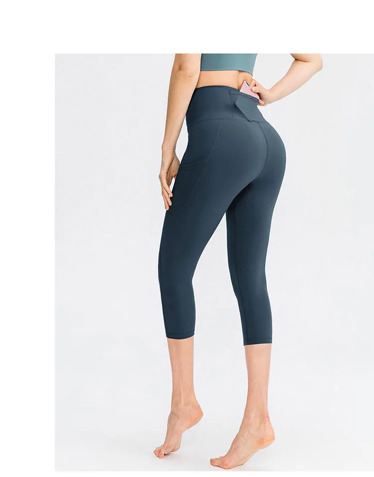 ZS-Nude Cropped Pocket Elastic Tight-fitting Hip Lift Fitness Running Sports Capri Pants