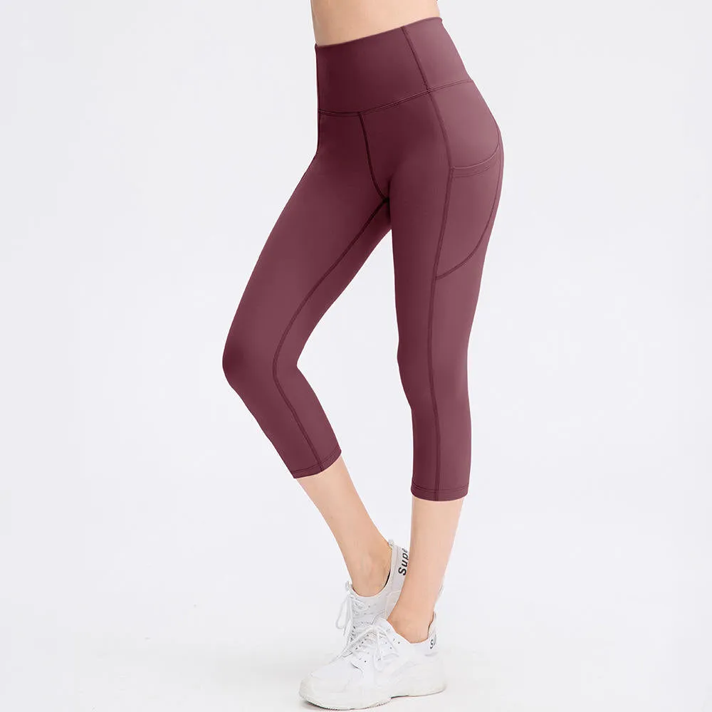 ZS-Nude Cropped Pocket Elastic Tight-fitting Hip Lift Fitness Running Sports Capri Pants
